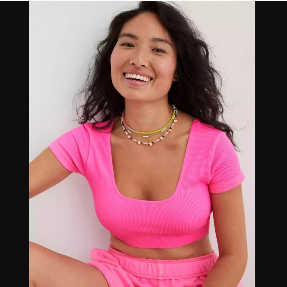 Aerie Real Good Hot Pink Ribbed Criss Cross Strappy Back Crop Top Size Large